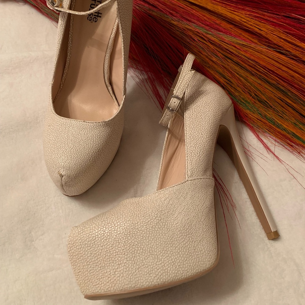 Cream Printed Faux Leather Ankle Strap Heels